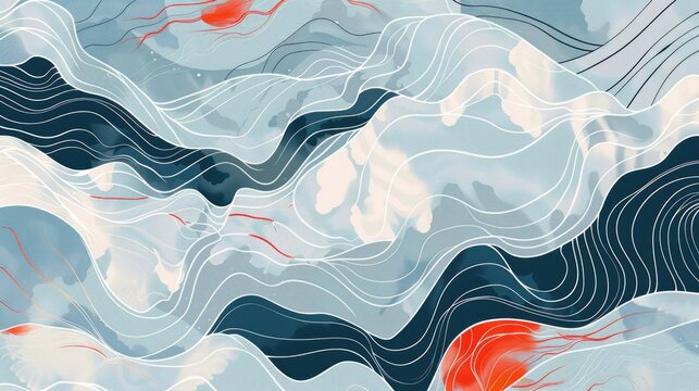 Vibrant abstract waves featuring flowing lines and red accents, form a lively oceanic artwork with an artistic flair AIG62