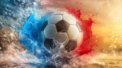 Naklejka premium A soccer ball is in the water, surrounded by a splash of red, blue, and white