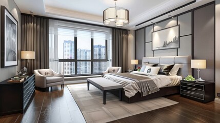 Fototapeta premium Modern apartment bedroom with clean lines, bright lighting, and modern furniture