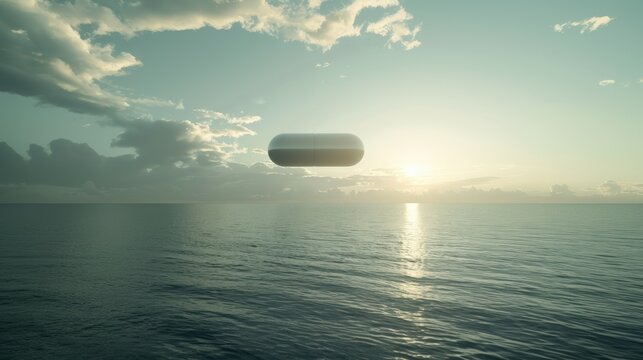 Mystical white tactic UFO Hovering Over the Ocean at Sunset, UAP in the sky, white alien ship, NHI controlled