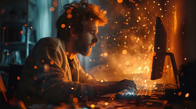Dramatic portrait of a focused man working on a computer amidst a vibrant display of glowing particles, symbolizing creativity and dedication. Ideal for tech and innovation content