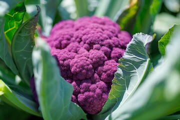purple cauliflower close-up on an agricultural farm, cabbage cultivation, macro photo