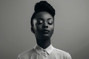 Sophisticated black and white close-up of a young woman with a stylish updo