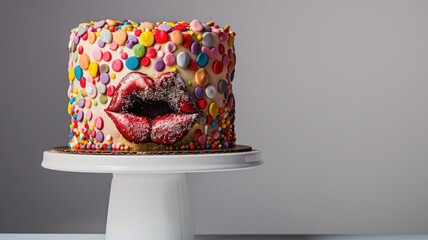 Colorful cake with lips design on white stand