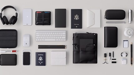 A flat lay image showcasing various black and white travel accessories arranged on a light background