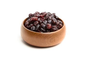 A wooden bowl filled with dried cranberries isolated on a white background, highlighting their rich red and dark colors with a wrinkled texture. Perfect for healthy snacks and culinary uses