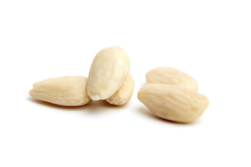 Close-up of several blanched almonds isolated on a white background. Perfect for illustrating healthy eating, snacks, and nutrition