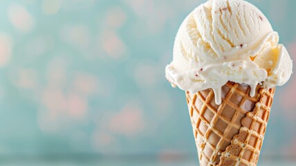Vanilla ice cream cone with waffle in front of blurred background