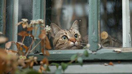 A curious cat sitting on a windowsill, looking out at the street with wide eyes