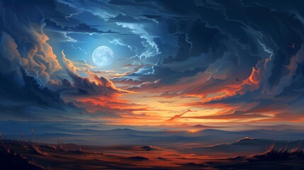 Night Sky with Full Bright Moon - Celestial Scene, Cloudy Atmosphere, Lunar Beauty