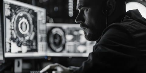 A man is sitting in front of two computer monitors, one of which is displaying a large circle. He is focused on the screen, possibly working on a project or analyzing data