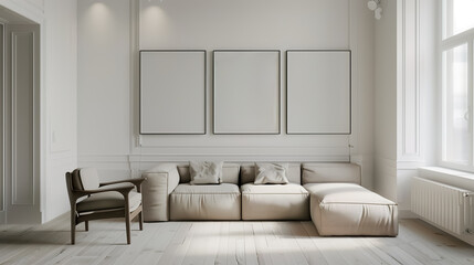 Fototapeta premium Simple minimalist design of a light room with white walls, there are big posters on the wall.