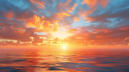Sunset Sky Over Sea in Morning - Bright Orange Sunrise, Horizon View, Creative Banner