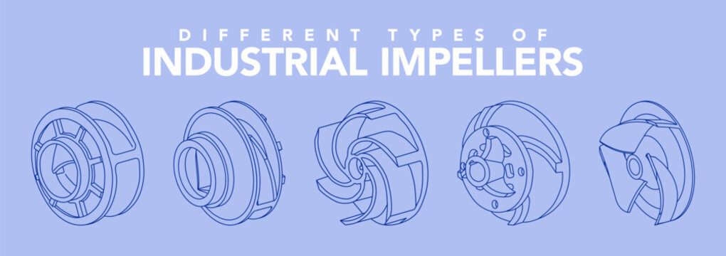 Set of vector illustration of impeller isometric. Different types of industrial parts. Water supply infrastructure, wastewater treatment, irrigation, filtration etc.