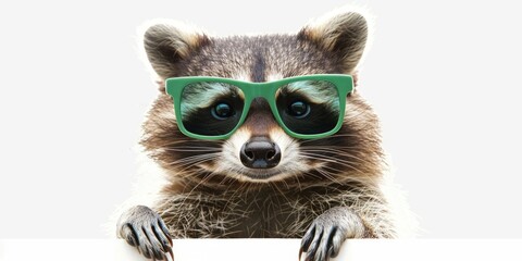 Naklejka premium A raccoon wearing green glasses is smiling and looking at the camera. The image has a playful and lighthearted mood, as the raccoon is dressed up in sunglasses and he is posing for a photo