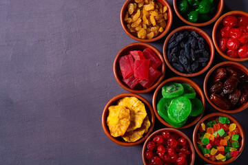 Group of dried and candied fruit in bowl