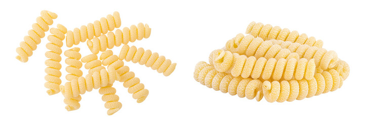 Italian spiral shaped pasta, Fusilli bucati macaroni, isolated on white background. Top view. Flat lay.