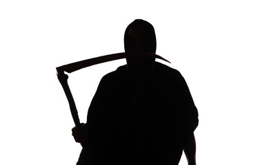 angel of death, silhouette of the grim reaper with a scythe in a hood on a white background