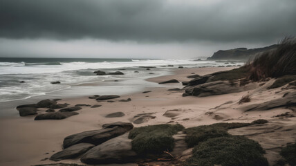 Fototapeta premium A beach with rocks and waves on a cloudy day creates a picturesque scene blending water, sky, and coastal landscape elements harmoniously