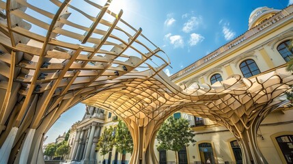 Obraz premium A modern, unique umbrella-shaped structure stands in the sunny city of Seville, Spain.