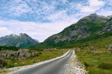 Fototapeta premium Road from a trip to the Austerdalsbreen Glacier and the Austerdalen Valley a day of July 2024, in Western Norway.