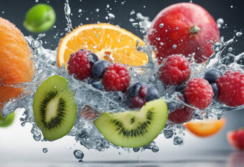 Delicious fresh fruits with water splash over isolated white background, ad shot