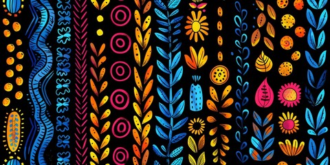 Colorful abstract pattern featuring vertical rows of floral and geometric motifs in vibrant hues of blue, orange, and pink on a black background. Ideal for textile designs, modern art projects