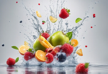 Delicious fresh fruits with water splash over isolated white background, ad shot