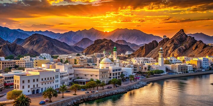 Breathtaking Muscat skyline at sunset with majestic architecture, endless coastline, and majestic Al Hajar Mountains rising dramatically in the picturesque Oman landscape.