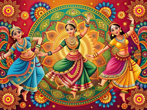 Vibrant colorful background with intricate traditional Indian folk dance patterns, decorative motifs, and ornate designs, perfect for cultural and festive themed banners.