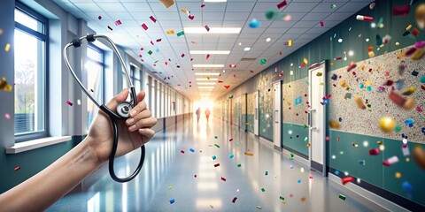 Empty hospital corridor with stethoscope and medical chart on wall, surrounded by clapping hands and confetti, symbolizing teamwork and achievement in healthcare.