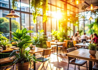 Obraz premium Warm sunlight spills through a bustling cafe window, illuminating a blurred background of modern furniture and lush plants, evoking a sense of creative collaboration.