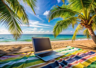 Serene coastal scene with a laptop and office supplies on a colorful beach towel, surrounded by palm trees and a calm ocean in the background.