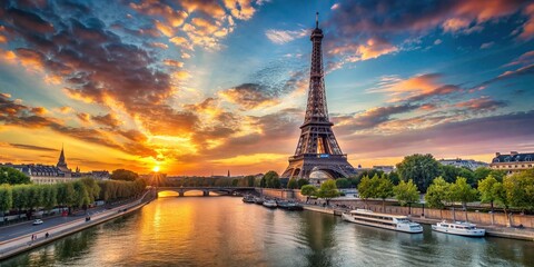 Obraz premium Breathtaking panoramic view of Parisian landmarks, Seine River, and iconic iron lattice tower set against a warm summer sunset sky, capturing the city's romantic essence.