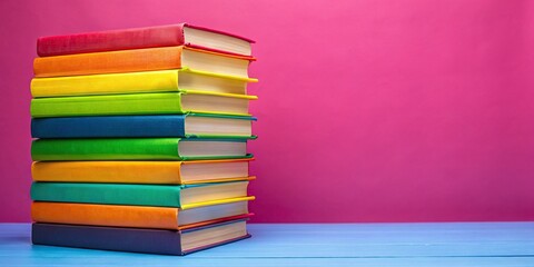 Fototapeta premium Vibrant stack of diverse books with rainbow-colored spines against a bright pink backdrop, symbolizing LGBTQ+ pride, acceptance, and celebration of individuality.