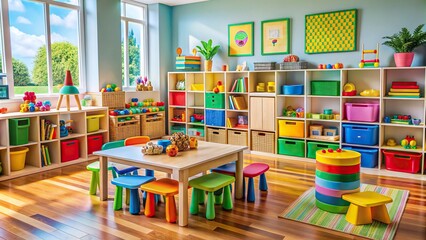 Colorful classroom setup with diverse toys, books, and educational materials, showcasing a vibrant learning atmosphere, perfect for childhood development and educational concepts.