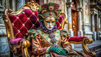 Vibrant ornate costume lies abandoned on a velvet-draped chair, intricately designed mask perched on top, evoking the mystique of Venice Carnival's festive masquerade tradition.