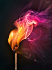 a match being set ablaze, pink and orange flames 100% black background, 