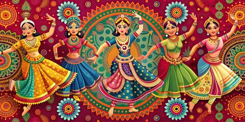 Obraz premium Vibrant colorful background with traditional Indian folk dance inspired patterns, intricate ornaments, and subtle textures, perfect for festive and cultural themed designs.