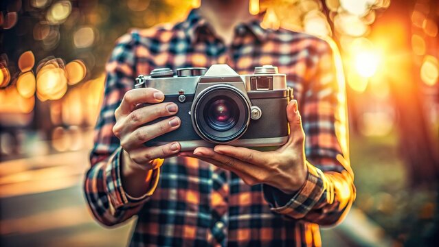 Retro camera rests in open hands on a blurred background, celebrating the artistic passion of photography as a professional hobby on World Photography Day.