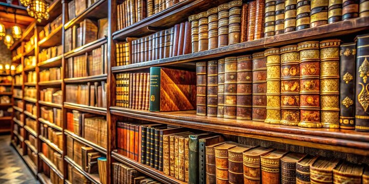 Vintage bookshelves overflow with leather-bound tomes, gold-embossed spines, and yellowed pages, in a warm, nostalgic indoor market setting, evoking a sense of curiosity and cultural heritage.
