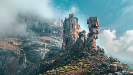 Majestic rock formations shrouded in mist against vibrant sky