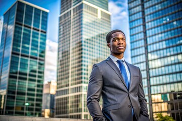 Portrait of young African Amerian businessman standing in front of city skyscraper, Urban lifestyle, Black people