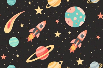 Colorful Rocket Ships Fly Through A Starry Galaxy