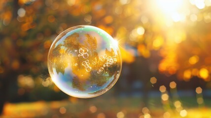 Soap bubble reflecting autumn scenery in bright sunlight