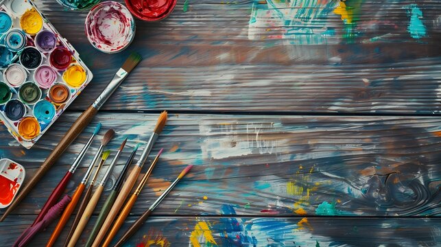 Creative art work accessories tools supplies set on messy desk, paint brushes, paintbox watercolors crayons pencils on brown wooden artistic background, back to school. Top view, flat lay, copy space.