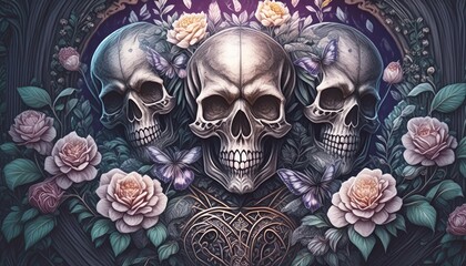 Fototapeta premium Three skulls are depicted with roses and butterflies in an electric blue color on a dark background, creating a striking and symmetrical art piece