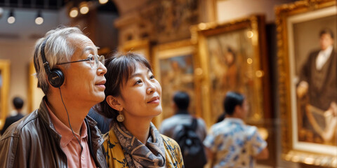 Couple in art museum. Senior asian man and woman in gallery with audio guide. Old people visit exhibition. Visitors watch picture and translate tour by headphones. Japanese, chinese or korean tourists