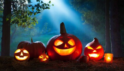Fototapeta premium Halloween pumpkins in the forest at night , generated by AI. High quality photo