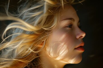 Close-up of a tranquil young woman with her blonde hair gently illuminated by sunlight